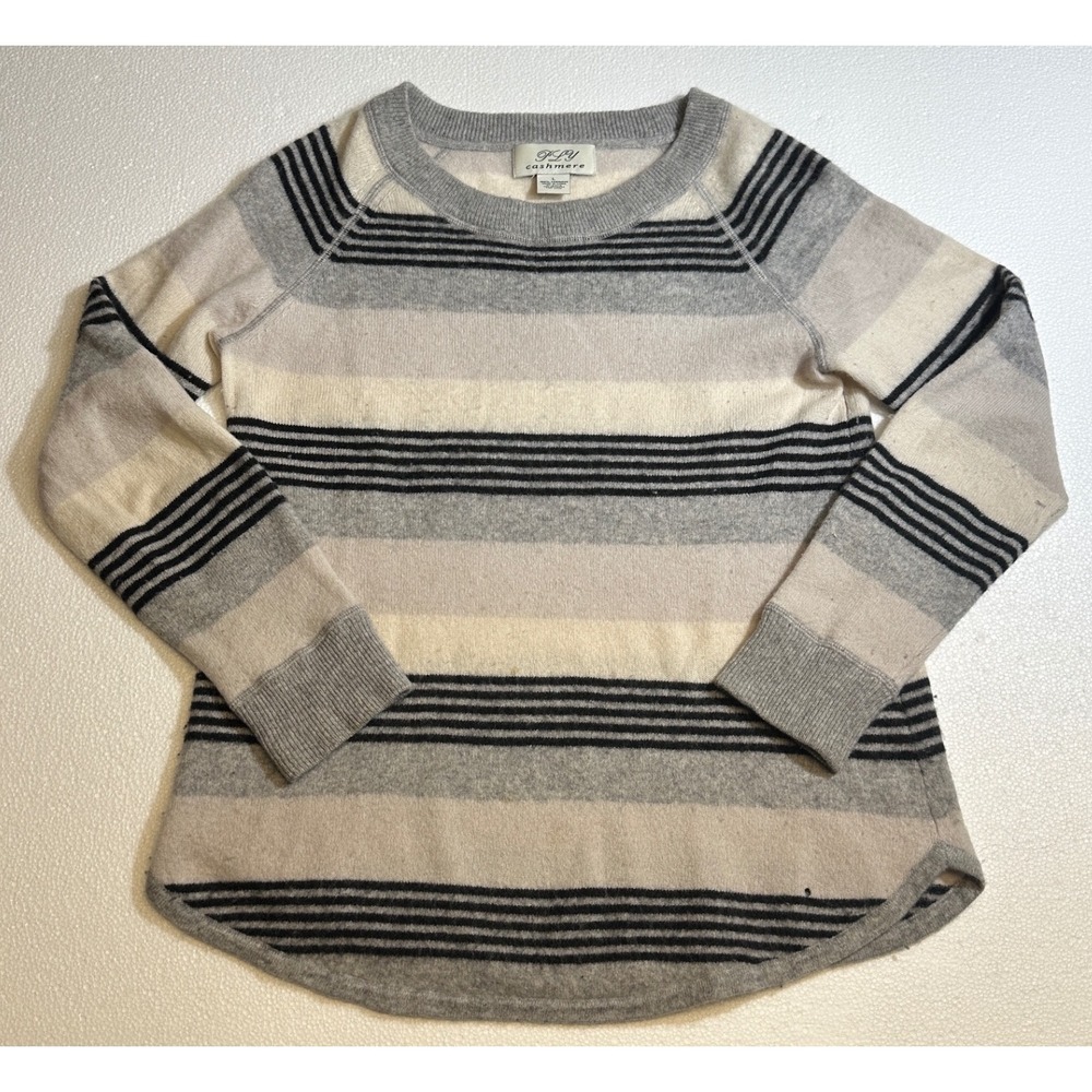 PLY Cashmere Striped Crewneck Sweater Womens Large Grey Cream 100% Cashmere Flaw